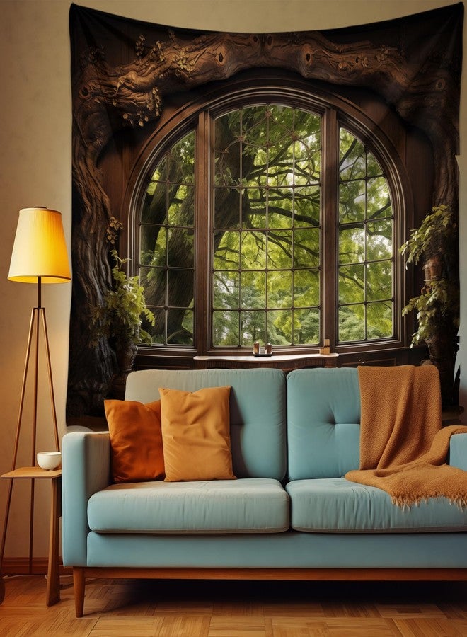QGHOT Forest Window Tapestry, Nature Outdoor Tapestry Wall Hanging Woodland Scene Large Wall Mural for Bedroom Living Room Office Decor 90x70in - Image 2